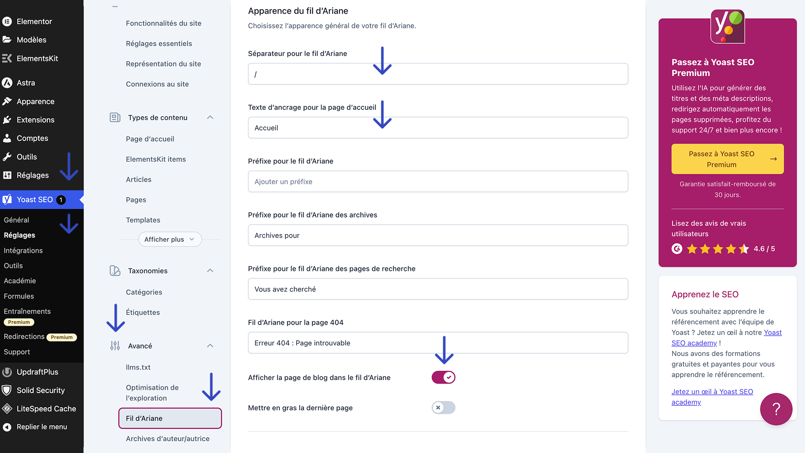 Réglage fil d'ariane yoast seo
