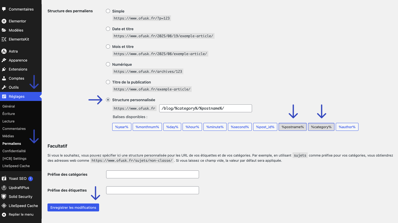 réglage fil d'ariane wordpress permalien