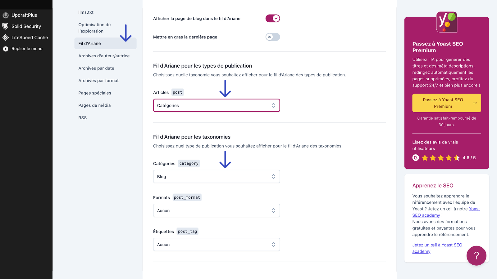 réglage fil d'ariane yoast seo 2